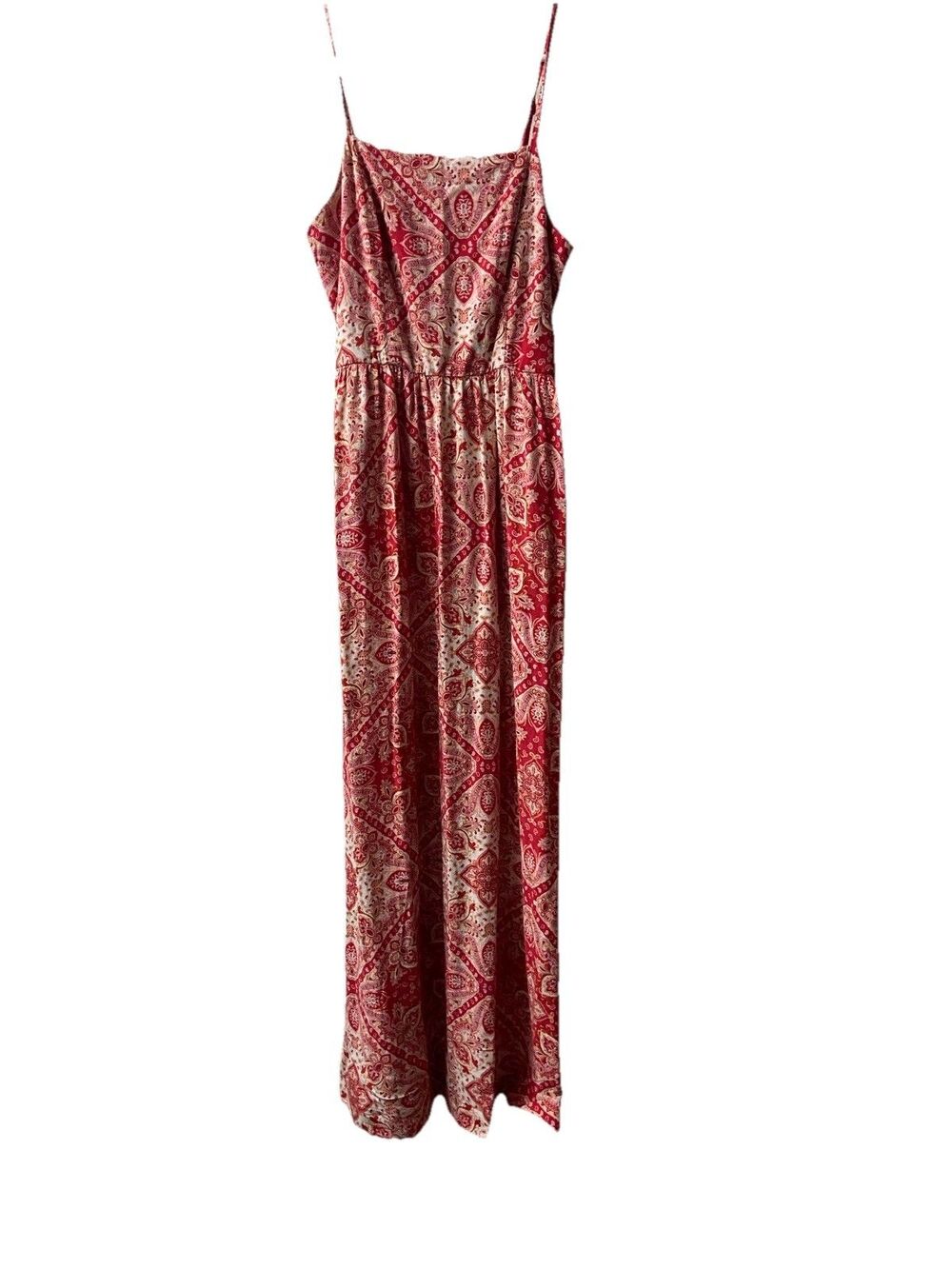 As You Wish Maxi Dress Womens Medium Red White Strappy Sweetheart Smocked Back